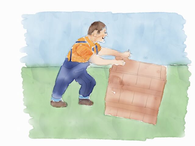 ein gezeichneter Arbeiter rollt eine Kiste über den Boden